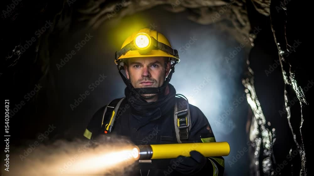 Poster a medium closeup image of a rescue team member using a bright yellow handheld flare the intense ligh