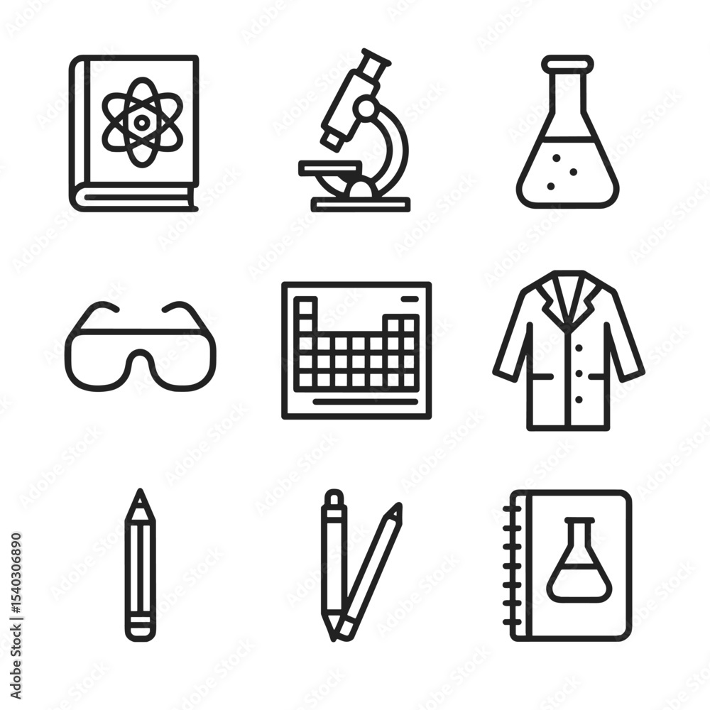 Poster science tools icons. outline icon set of science reading and experiments: science book, microscope, 