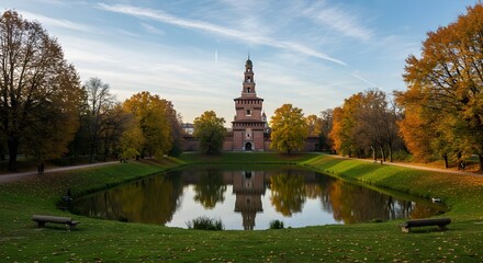Obraz premium Castello sforzesco, Milan, Italy, Castello Sforzesco in Milan, Italy, Autumn Reflection