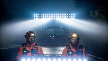 A medium closeup image of the LED lights in action casting a wide pool of light over a rescue team working diligently at night underscoring the importance of visibility in