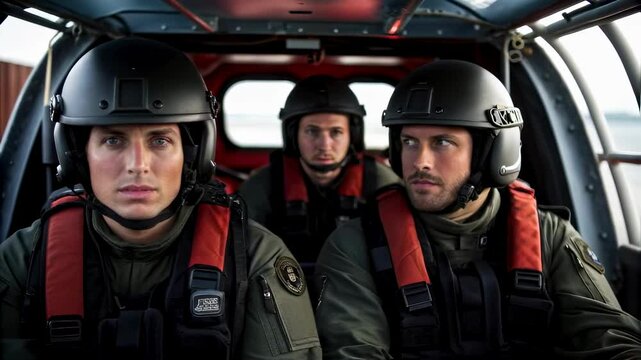 A medium closeup image of rescue personnel in tactical gear seated inside the hovercraft intensely focused as they prepare for a mission their expressions reflecting determination