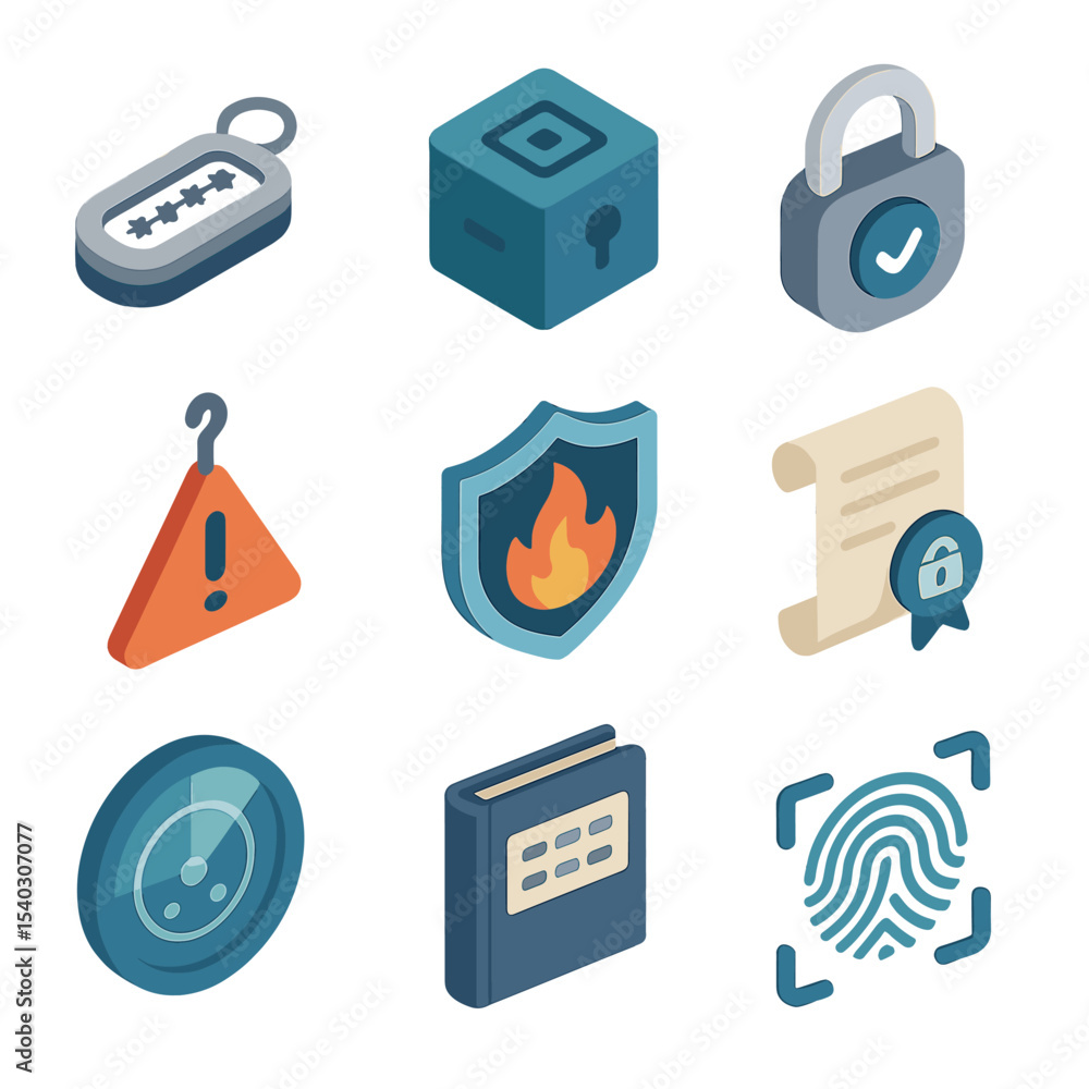 Poster security icons grid. isometric flat icon set of security and authentication: 2fa device token, hardw