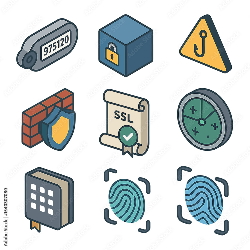 Poster security icons grid. isometric flat icon set of security and authentication: 2fa device token, hardw