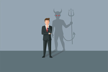 Businessman with devil shadow holding trident, symbolizing inner conflict and moral temptation. Vector illustration.