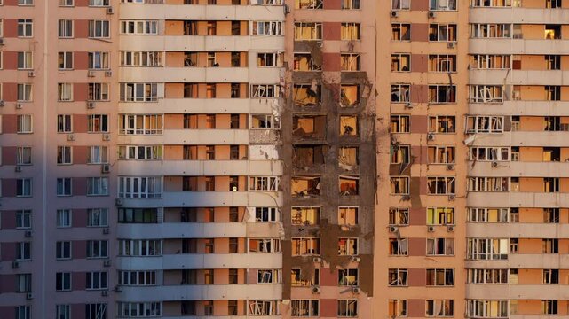 Kyiv, Ukraine - 17 June 2025: Destroyed residential building, . Consequences of the russian attack. War in Ukraine
