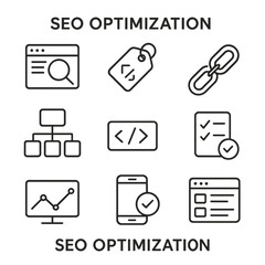 SEO Icon Set. Outline icon set of SEO optimization: magnifying glass on webpage, keyword tag, backlink chain, sitemap, meta tag,