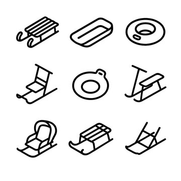 Sled Icon Set. Outline icon set of sled types and equipment: traditional wooden sled, plastic toboggan, inflatable tube, kicksled,