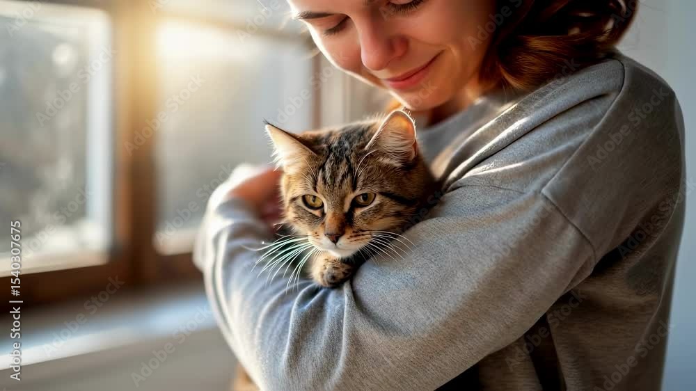 Poster A medium closeup of a dedicated volunteer comforting a distressed cat cradled in their arms with soft sunlight filtering through a nearby window.