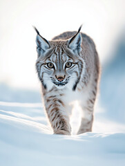 Eurasian lynx walking in the snow on a bright winter day