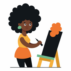 Cartoon vector art of a black woman artist painting on canvas, afro hairstyle, creative environment, flat design, white background