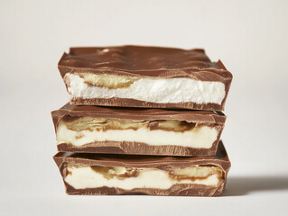 Stack of three chocolate bars revealing marshmallow and caramel filling