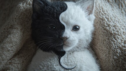 Close-up of a digitally manipulated image of a bicolor kitten, half black and half white, resembling a Yin and Yang symbol, nestled in a soft, light brown fabric