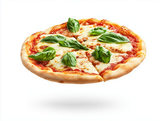 Delicious pizza margherita with mozzarella and basil floating on white background