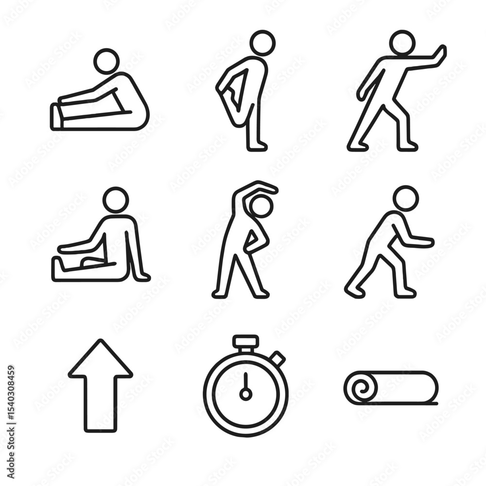 Poster stretching icons set. outline icon set of stretching exercises: hamstring stretch, quadriceps stretc