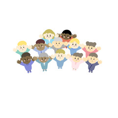 万歳のポーズをする多国籍の男女