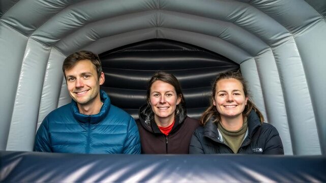A medium closeup of a group of individuals inside an inflatable shelter showcasing their expressions of safety and reassurance with the shelters walls bulging slightly from gusts