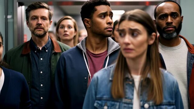 A medium closeup of a group of people waiting to enter the chute displaying a mix of expressions ranging from urgency to determination with a backdrop of emergency signage.