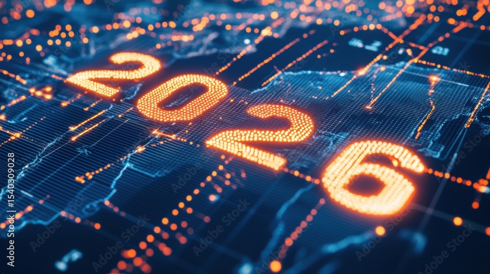 Poster future concepts in digital technology with glowing numbers and map details