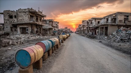 Desolate Urban Landscape at Sunset with Drums in Foreground