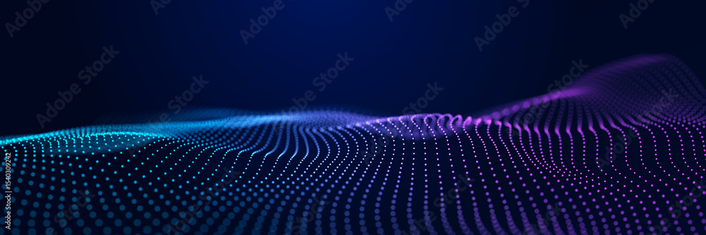 Poster futuristic wave of dots with moving particles. abstract technology background. 3d visualization of b