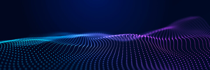 Futuristic wave of dots with moving particles. Abstract technology background. 3D visualization of big data. 3D rendering.