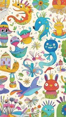 Colorful whimsical creatures and flowers in a playful design.