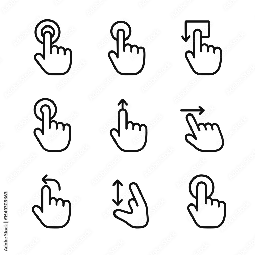 Poster ui interaction icons. outline icon set of user interface interactions: click, drag, drop, hover, scr