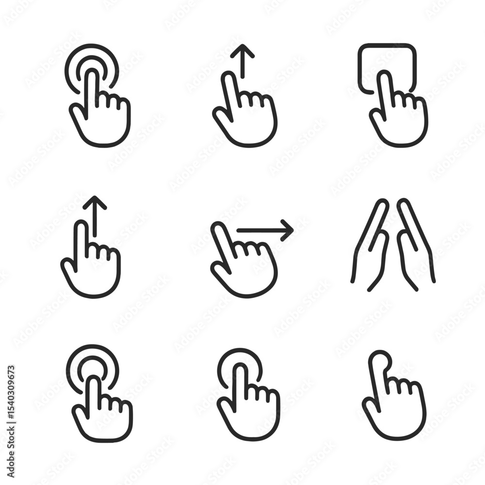 Aufkleber ui interaction icons. outline icon set of user interface interactions: click, drag, drop, hover, scr