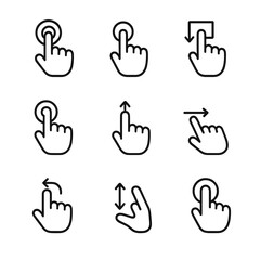 UI Interaction Icons. Outline icon set of user interface interactions: click, drag, drop, hover, scroll, swipe, pinch, zoom, long