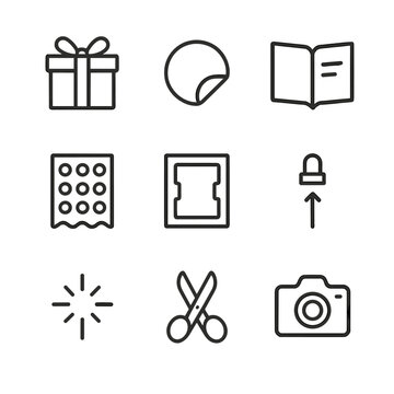 Unboxing Icon Set. Outline icon set of unboxing experience: gift box, peel-off seal, instruction manual, bubble wrap sheet, foam