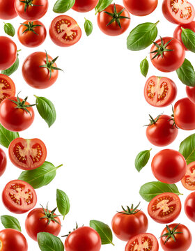 Vibrant Red Tomatoes and Basil Leaves Frame a Black Background Perfect for Food Recipe Design or Culinary Branding