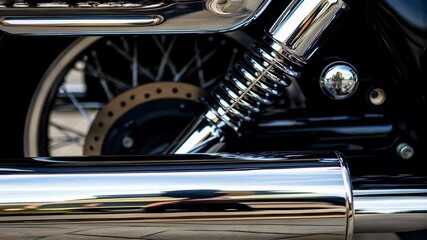 A medium closeup of a motorcycles chrome exhaust pipe reflecting the surrounding environment and showcasing its polished texture and design.
