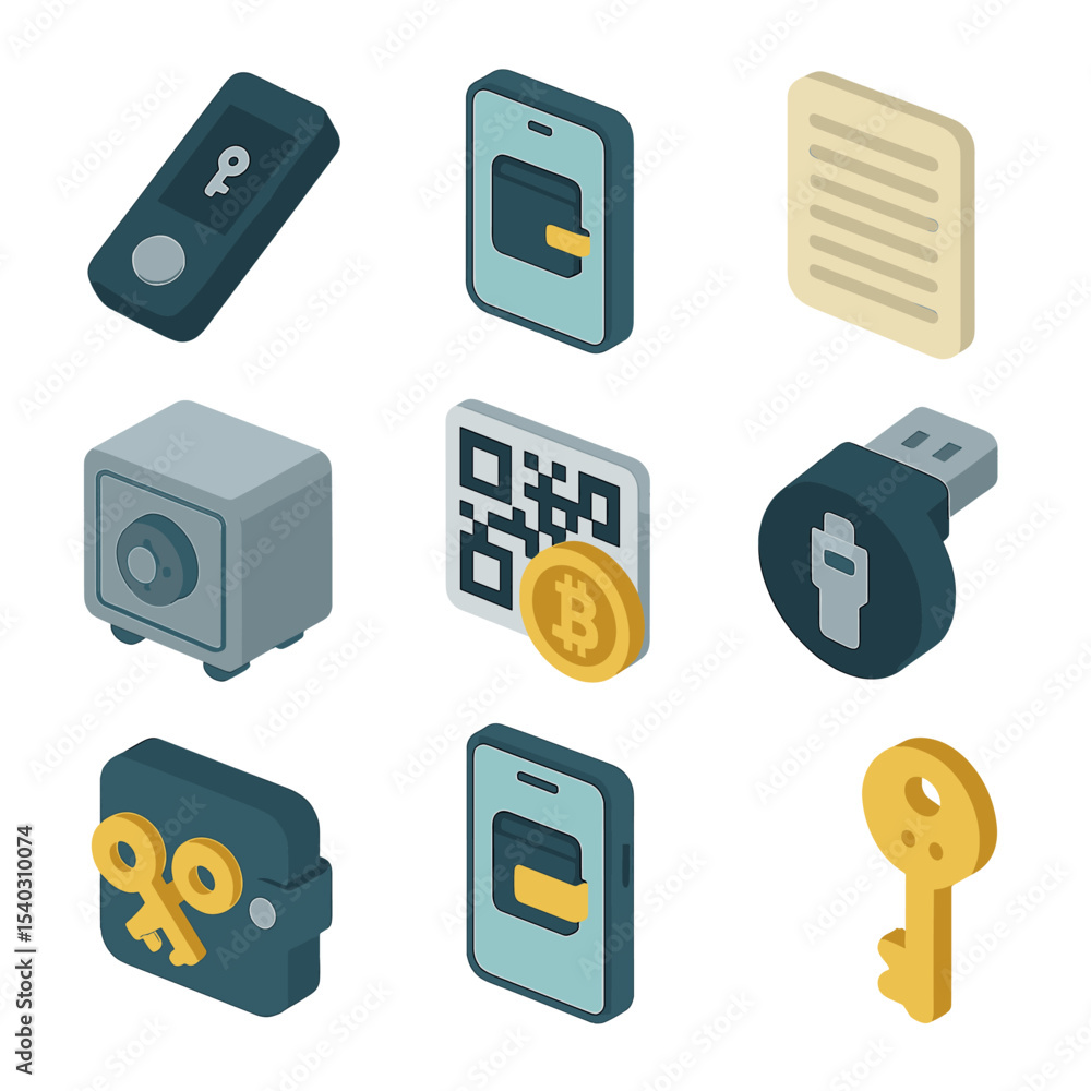 Poster wallet icon set. isometric flat icon set of wallets and key management: hardware wallet device, soft