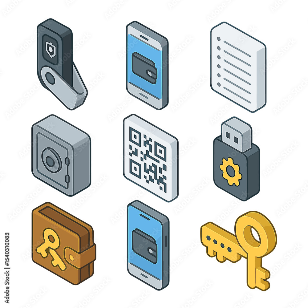 Poster wallet icon set. isometric flat icon set of wallets and key management: hardware wallet device, soft
