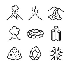 Fototapeta premium Volcanic Landscape Icons. Outline icon set of volcanic geothermal landscapes: volcano outline, steam vent, lava flow, fumarole,