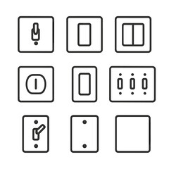 Wall Switch Icon Set. Outline icon set of wall light switches: toggle switch, rocker switch, double switch, single switch, decora