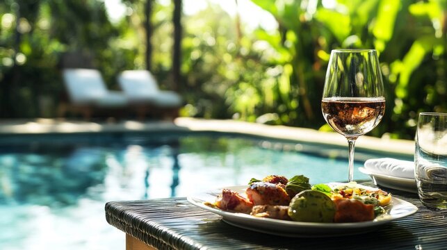 Elegant outdoor dining scene with a glass of red wine and gourmet meal on a table beside a luxurious swimming pool at sunset




