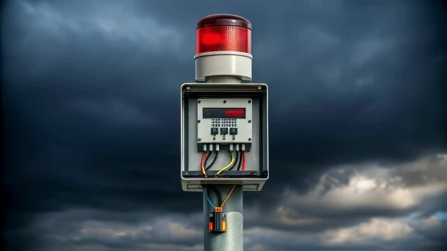 A medium closeup of an automated warning siren mounted on a sy pole illustrating the intricate wiring connecting it to a control panel with a backdrop of dark storm clouds looming.