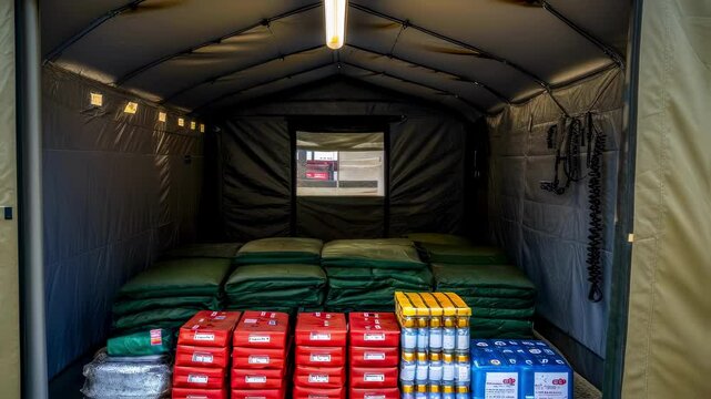 A medium closeup of an od entry flap on the shelter revealing a spacious wellventilated interior filled with emergency supplies including blankets food rations and a water