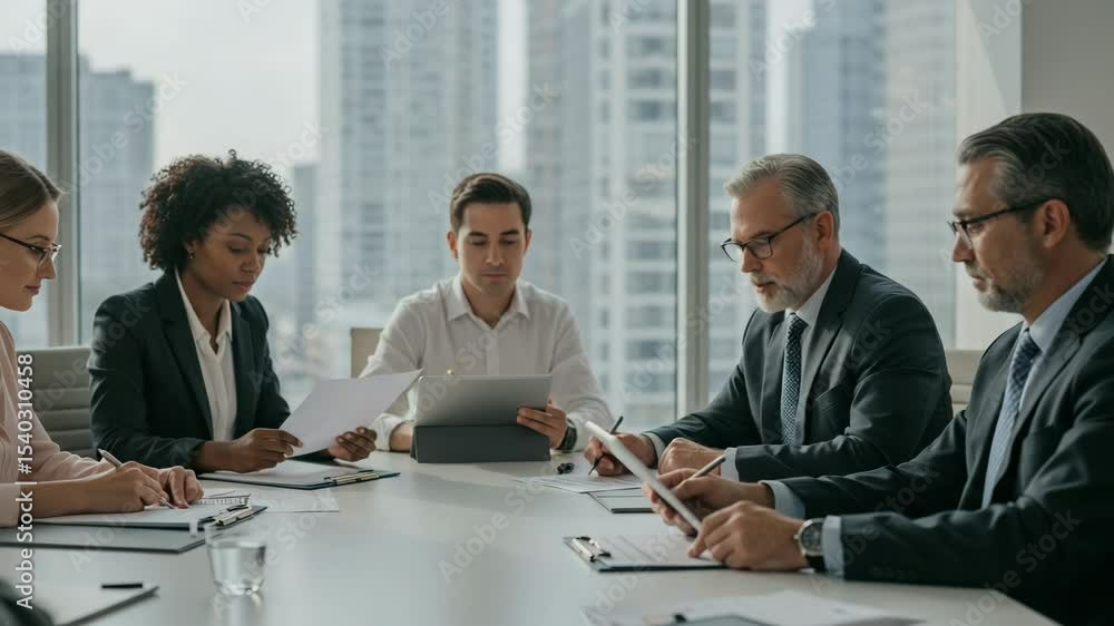 Poster team meets to discuss project updates and strategies in modern office setting