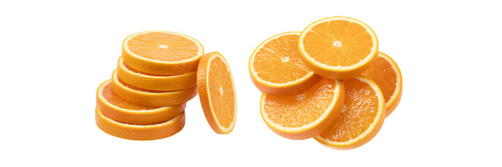 Fototapeta premium Juicy Orange Slices Stacked and Scattered Fresh Citrus Fruit Background for Recipes and Designs