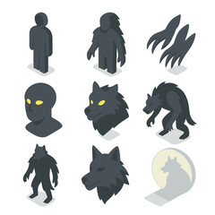 Fototapeta premium Werewolf Transformation Icons. Isometric Flat icon set of werewolf transformation stages: human silhouette, partial fur growth,