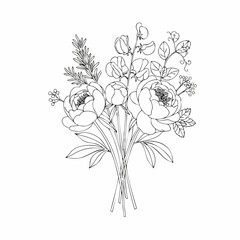 Detailed Black and White Floral Bouquet with Peonies and Delicate Foliage.