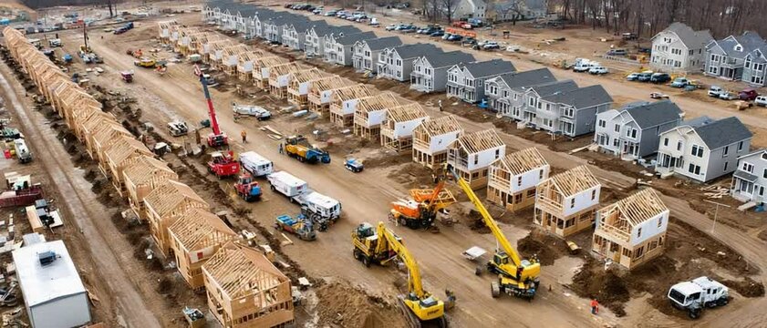 Urban Development: An aerial view showcases an expansive residential construction site, filled with an array of houses under development, showcasing progress, growth, and urban transformation.