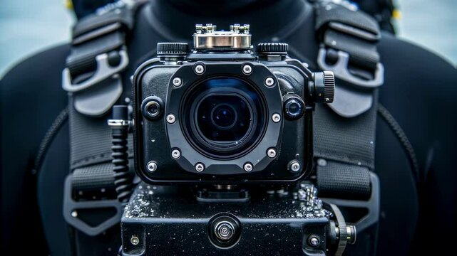 A medium closeup of an underwater camera mounted on a divers chest emphasizing the intricate ss and fastenings that secure it with bubbles surrounding the camera.
