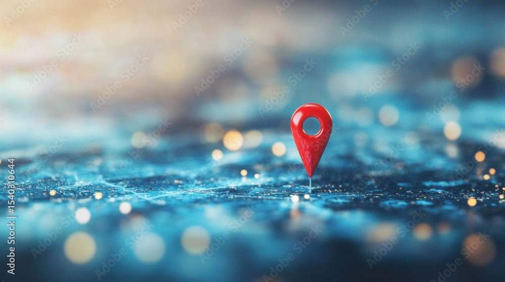 Poster red location pin marks spot on digital map background with bokeh effect