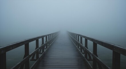 Fototapeta premium Fog, Mist, Mystery, Foggy Wooden Bridge Leading into the Mist