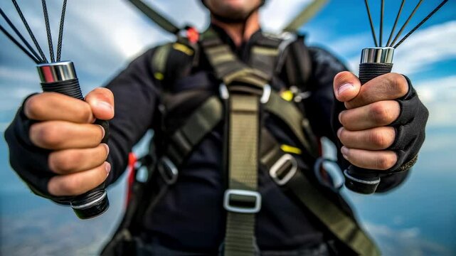 A medium closeup of a parachutist holding the control lines of the parachute showcasing the detailed hand grips and the way they manage descent and direction.
