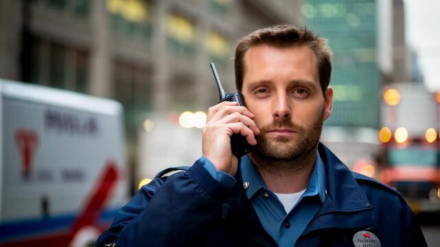 A medium closeup of a paramedic using a longrange radio in an urban environment with blurred emergency vehicles in the background emphasizing the importance of communication.
