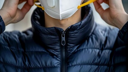 A medium closeup of a person using their hand to examine the masks fit highlighting the interaction between the mask and the contours of the face for effective sealing.
